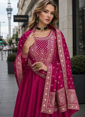 Pink designer embroidered heavy silk blend anarkali suit 2