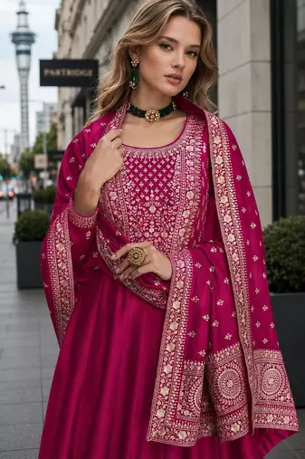 Pink designer embroidered heavy silk blend anarkali suit