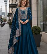 Navy blue designer embroidered heavy silk blend anarkali suit