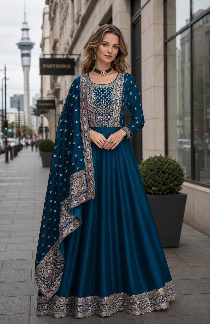 Navy blue designer embroidered heavy silk blend anarkali suit