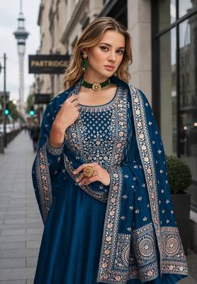 Navy blue designer embroidered heavy silk blend anarkali suit 2