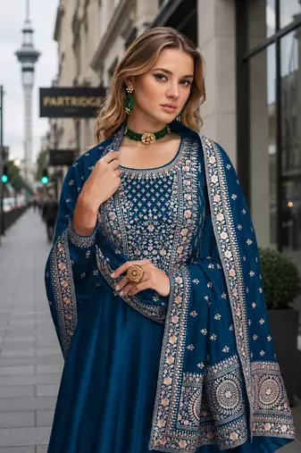 Navy blue designer embroidered heavy silk blend anarkali suit