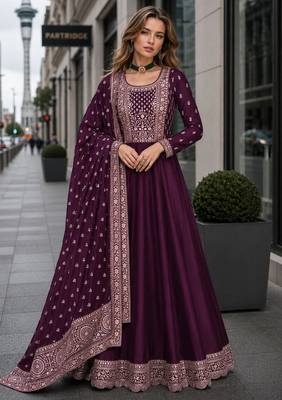 Purple designer embroidered heavy silk blend anarkali suit 1
