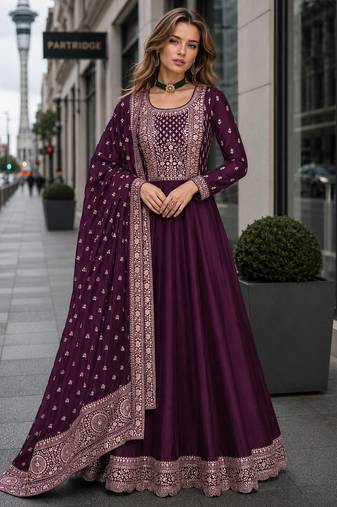 Purple designer embroidered heavy silk blend anarkali suit