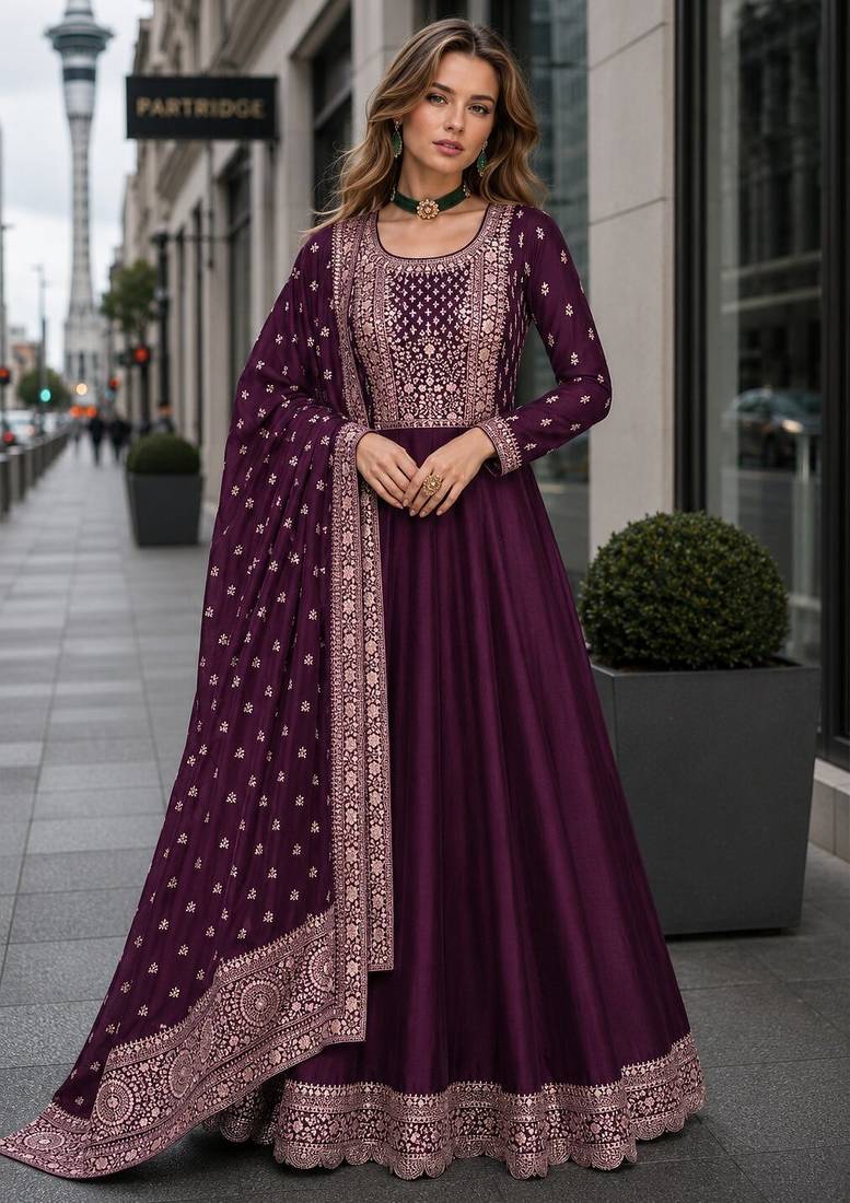 Purple designer embroidered heavy silk blend anarkali suit