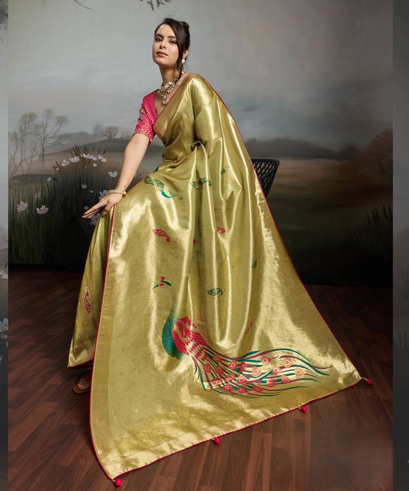 Yellow color banarasi jacquard meenakari wedding saree