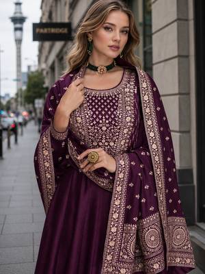 Purple designer embroidered heavy silk blend anarkali suit 2