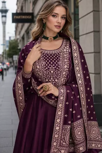 Purple designer embroidered heavy silk blend anarkali suit