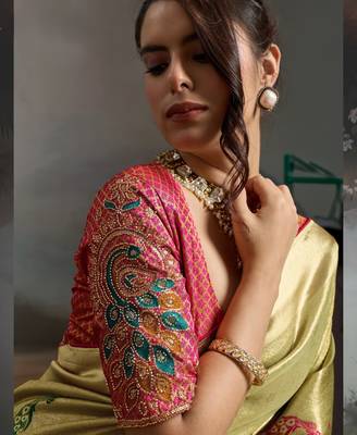 Yellow color banarasi jacquard meenakari wedding saree 2