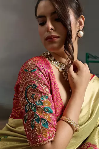Yellow color banarasi jacquard meenakari wedding saree