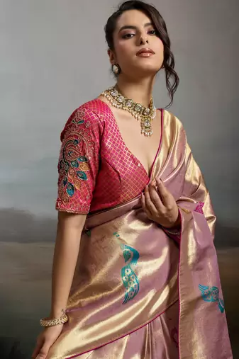 Pink colour banarasi jacquard meenakari wedding saree