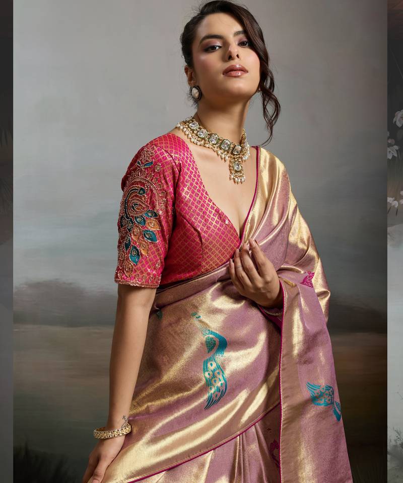 Pink colour banarasi jacquard meenakari wedding saree