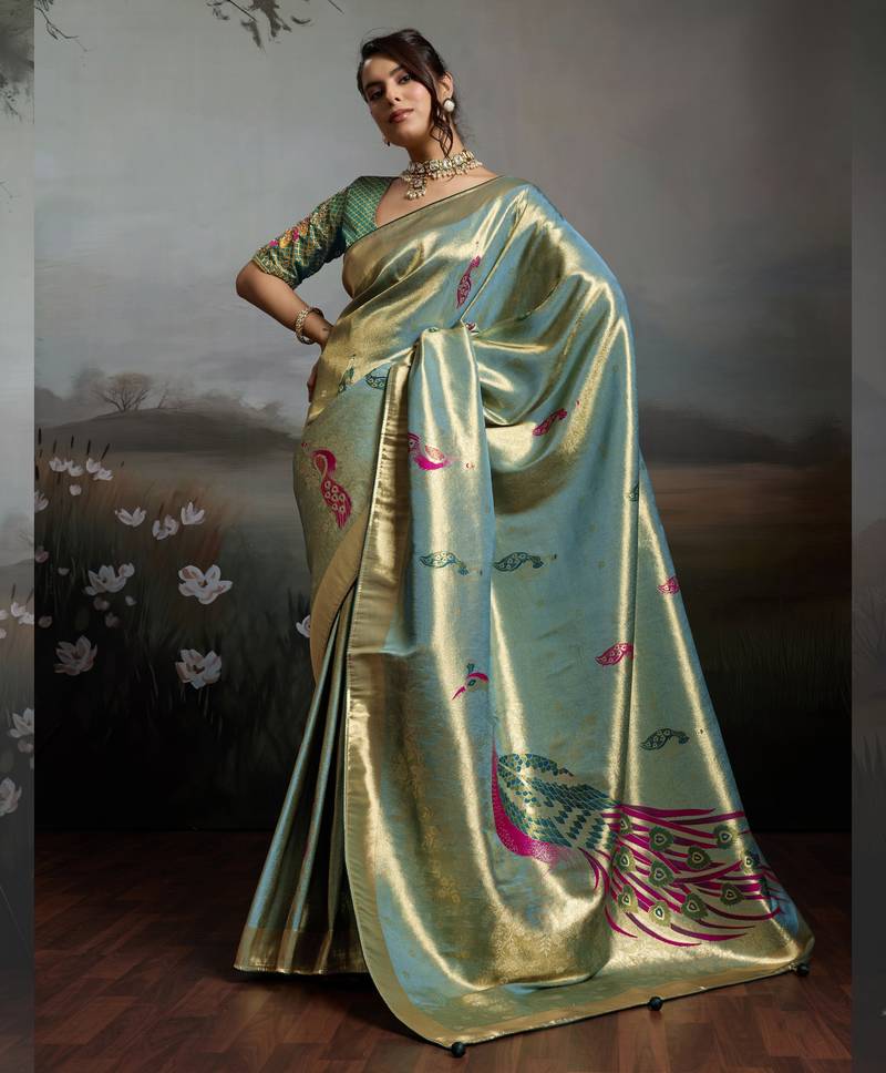 Sea green colour banarasi jacquard meenakari wedding saree