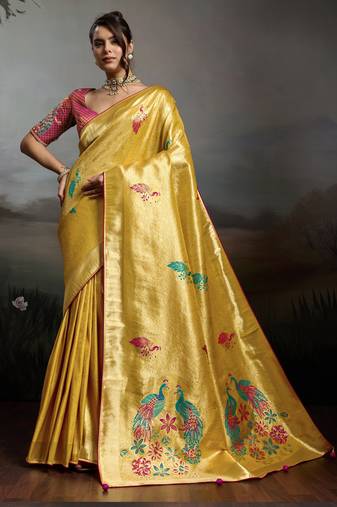 golden  jacquard meenakari saree