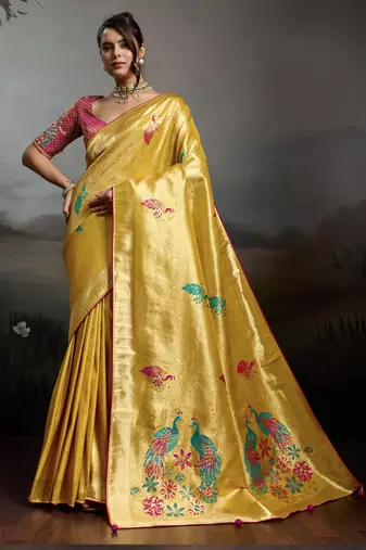 Golden colour banarasi jacquard meenakari wedding saree