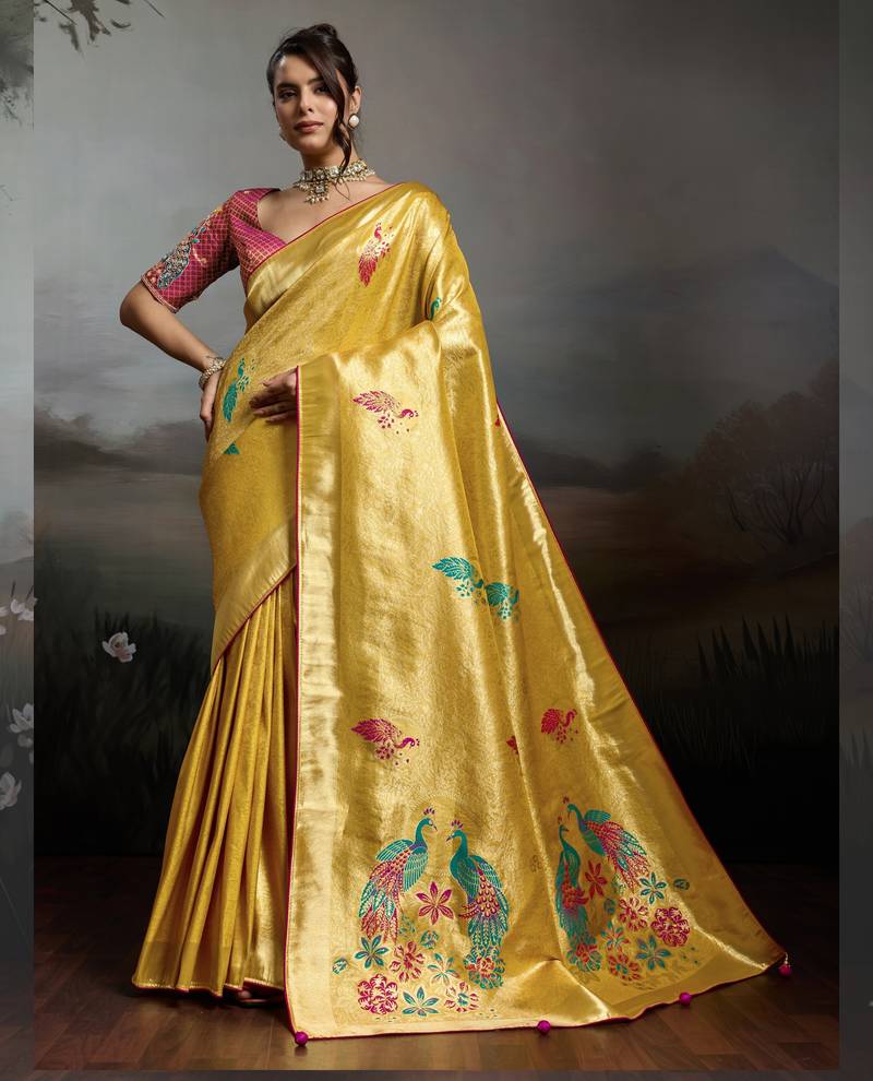 Golden colour banarasi jacquard meenakari wedding saree