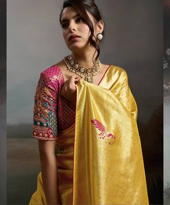 Golden colour banarasi jacquard meenakari wedding saree 2