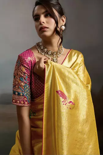 Golden colour banarasi jacquard meenakari wedding saree