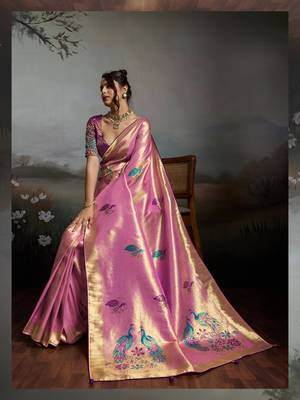 Pink colour banarasi jacquard meenakari wedding saree 1