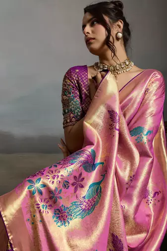 Pink colour banarasi jacquard meenakari wedding saree