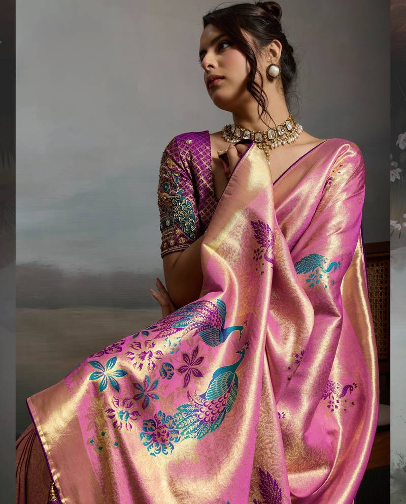 Pink colour banarasi jacquard meenakari wedding saree
