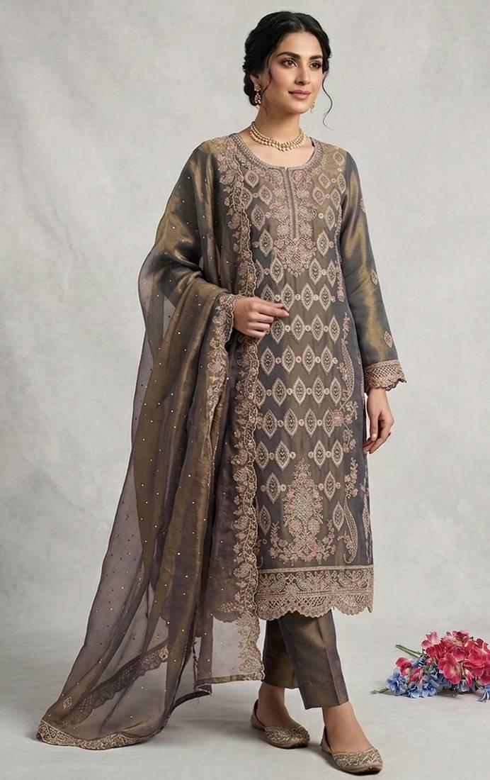 Mahendi embroidered silk pakistani salwar suit