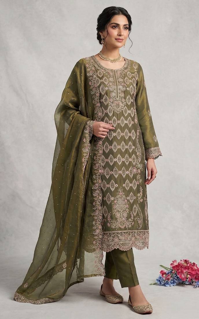 Green embroidered silk pakistani salwar suit