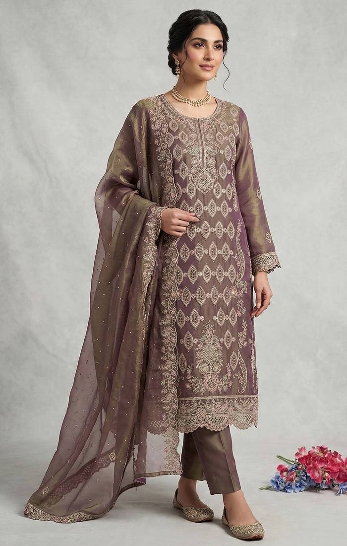 Mauve embroidered silk pakistani salwar suit