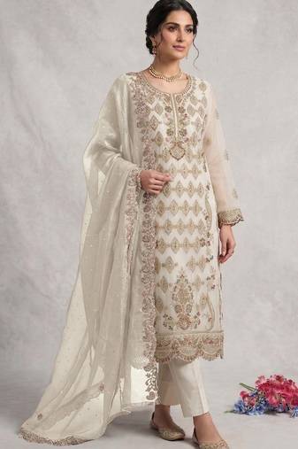 White embroidered silk pakistani salwar suit
