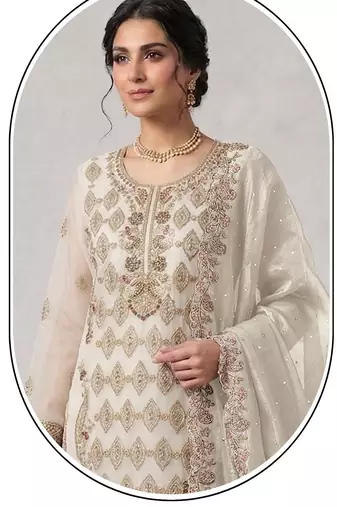 White embroidered silk blend salwar suit