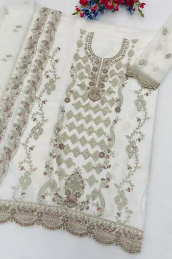 White embroidered silk blend salwar suit