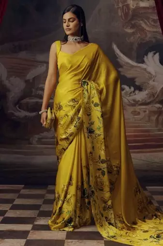 Imperial mustard predrepped saree with unstiched blouse