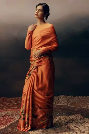 Sunset amber predrepped saree with unstiched blouse
