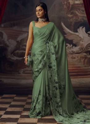 Pistachio sage predrepped saree with unstiched blouse 1