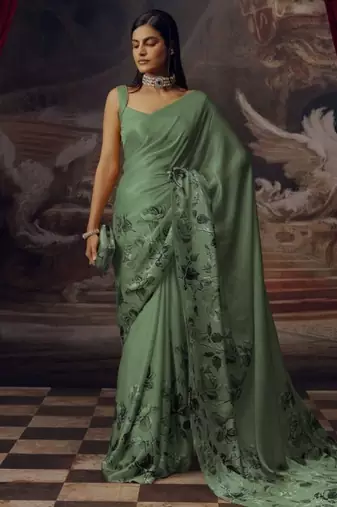 Pistachio sage predrepped saree with unstiched blouse