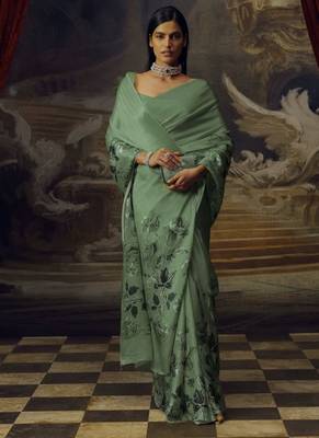 Pistachio sage predrepped saree with unstiched blouse 2