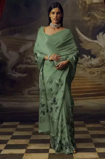 Pistachio sage predrepped saree with unstiched blouse