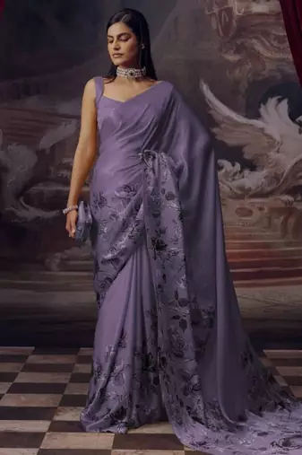 Lilac ash predrepped saree with unstiched blouse