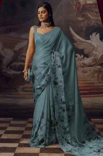ice blue mist predrepped saree with unstiched blouse