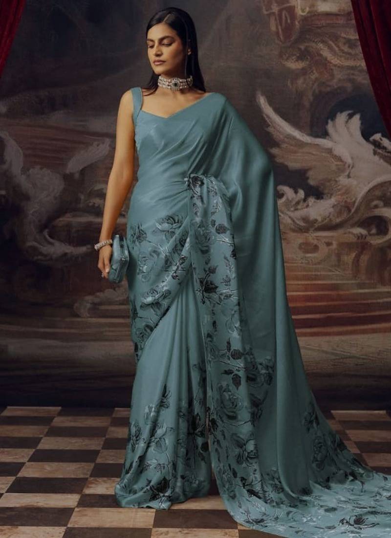 ice blue mist saree with blouse