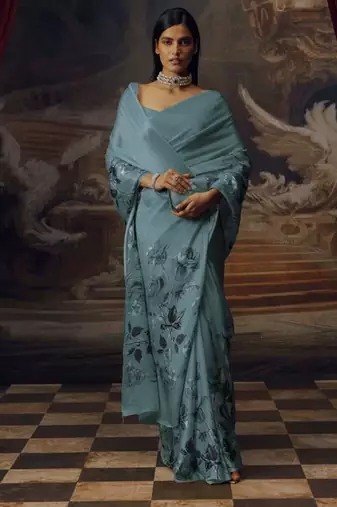 ice blue mist predrepped saree with unstiched blouse