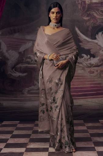 Nude mocha rose predrepped saree with unstiched blouse