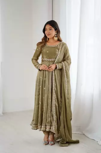 Green Fandy Silk Embroidered  Kurti Pant Dupatta