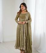 Green Fandy Silk Embroidered  Kurti Pant Dupatta
