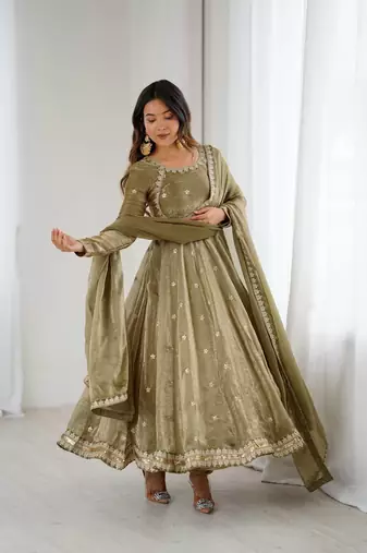 Green Fandy Silk Embroidered  Kurti Pant Dupatta