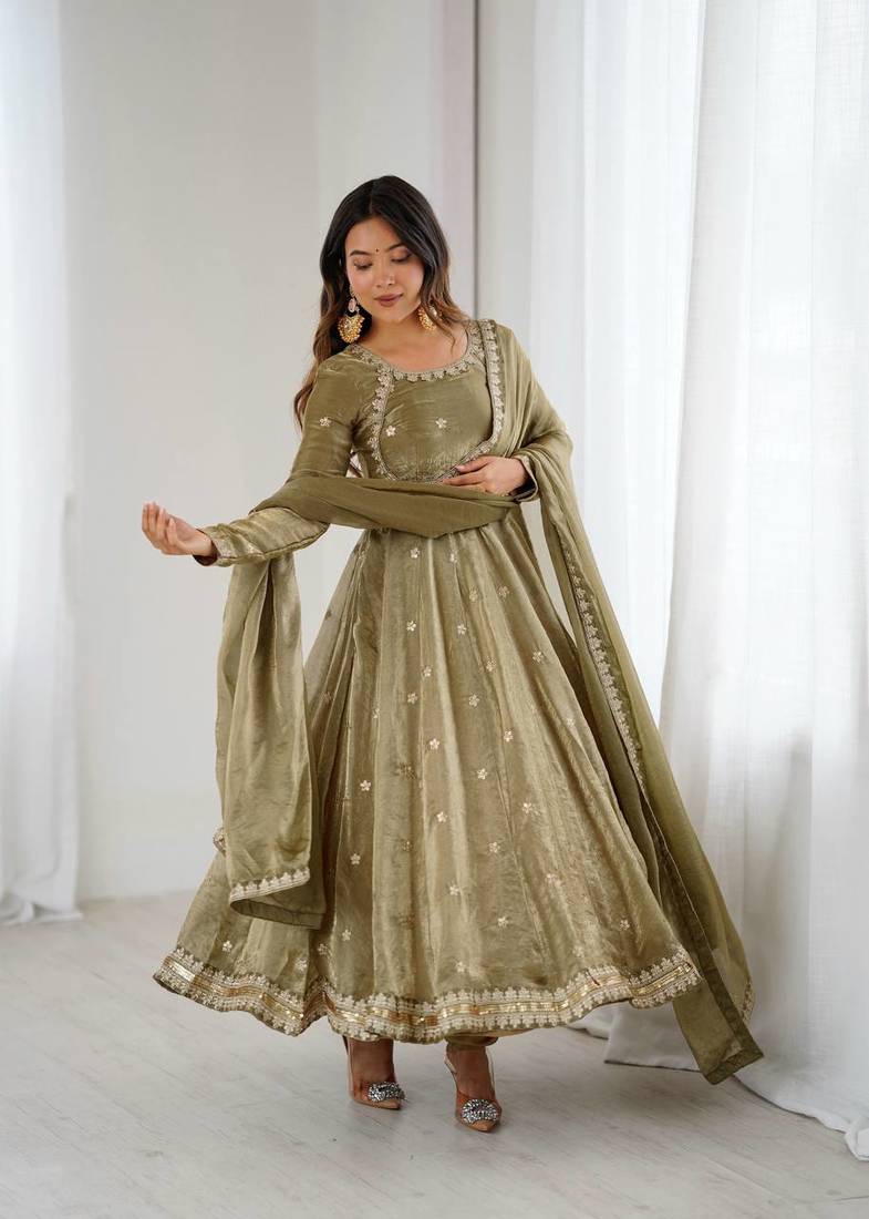 Green Fandy Silk Embroidered  Kurti Pant Dupatta