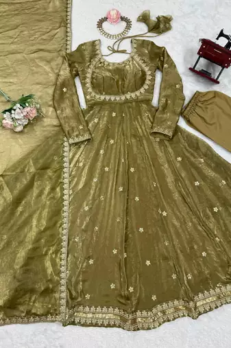 Green Fandy Silk Embroidered  Kurti Pant Dupatta