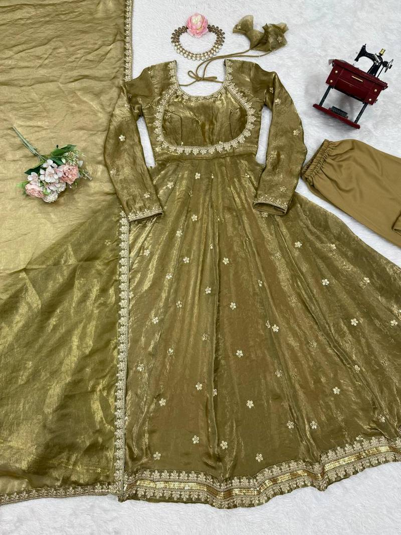 Green Fandy Silk Embroidered  Kurti Pant Dupatta