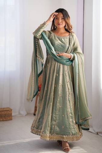 Green Fandy Silk Embroidered Kurti Pant Dupatta