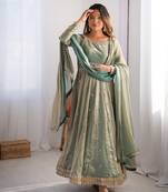 Green Fandy Silk Embroidered Kurti Pant Dupatta